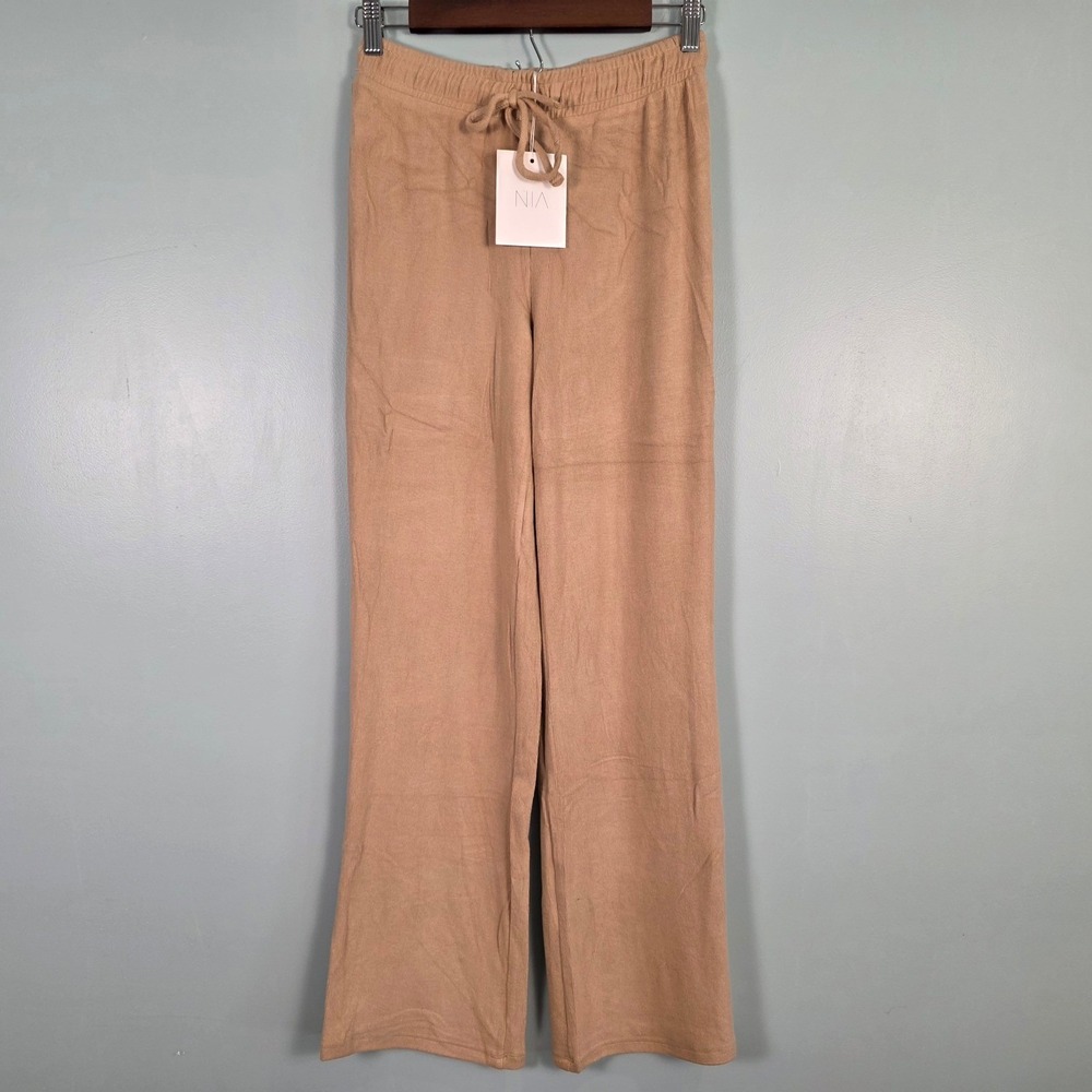Nia Women Small Tan Ribbed Wide Leg Lounge Pants Drawstring Waist NP-1000 NWT